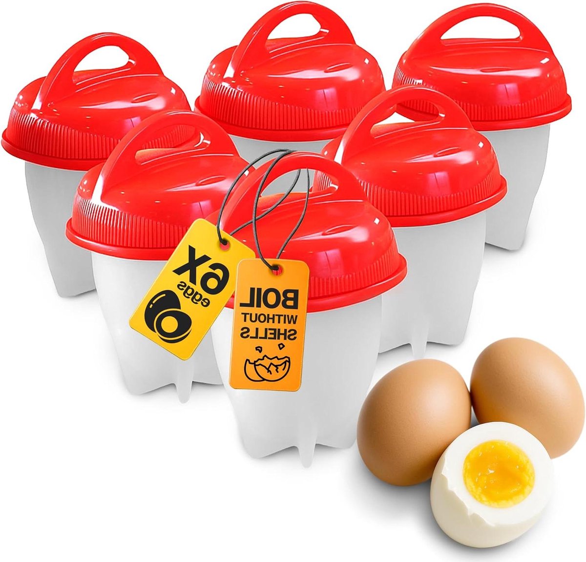 Eierkoker vormen - Ei maker - Ontbijt bereiden - Anti-aanbak coating - 6 stuks - Wit met rood deksel