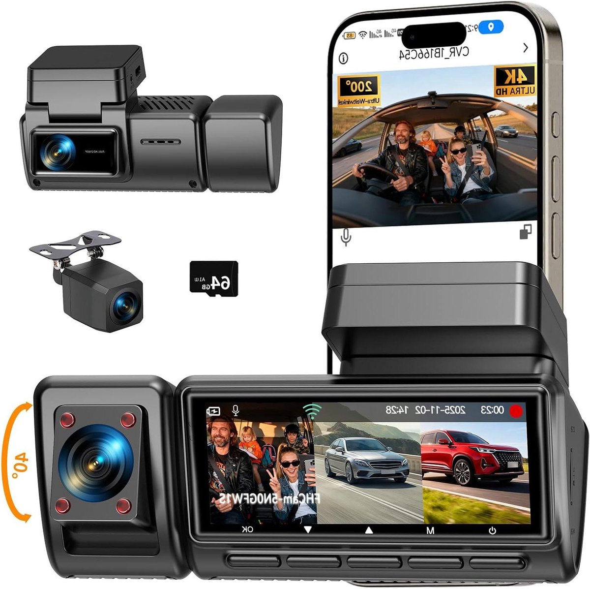 Dashcam Auto - 3 Kanaals Camera - Veilige Ritten - 490 Graden Zicht - 64 GB Kaart - Zwart