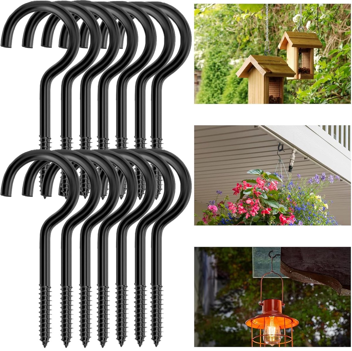 Schroefhaken, kleine schroefhaken zwart, schroefhaken roestvrij staal, schroefhaken met pluggen voor hangmatten, luifels, schommelstoelen, M6 x 80 mm