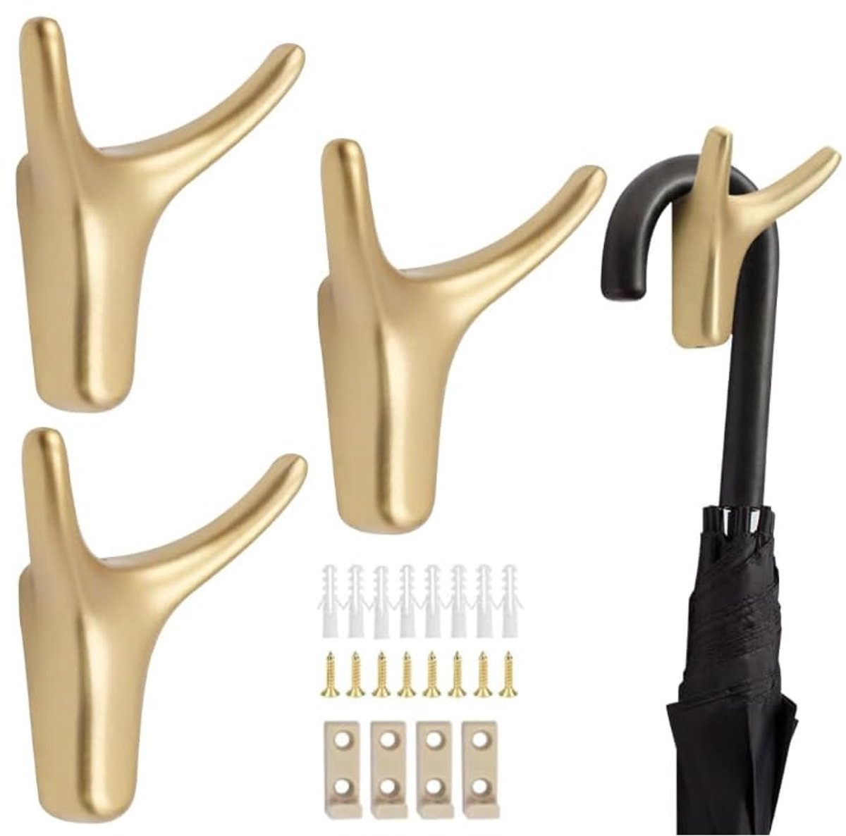 Dubbele wandhaken, 4 stuks, garderobehaken, goud, met 8 schroeven, 8 expansiebuizen, 4 vaste gesp, aluminiumlegering handdoekhaken voor slaapkamer, kledingkast, keuken, badkamer