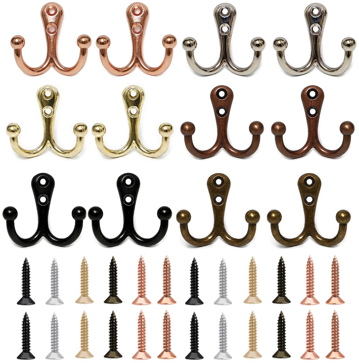 Dubbele wandhaken, kledinghaken van metaal, dubbele wandhaken, badjas, retro, dubbele haken met 24 schroeven voor deur, kast, keuken, kantoor