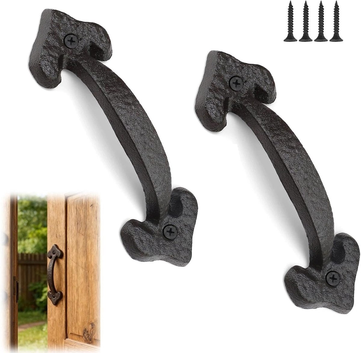 2 stuks schuurdeurgrepen, zwart, deurgreep van gietijzer, vintage look, lengte 170 mm, tuinpoortgreep met schroeven - ShopVlot