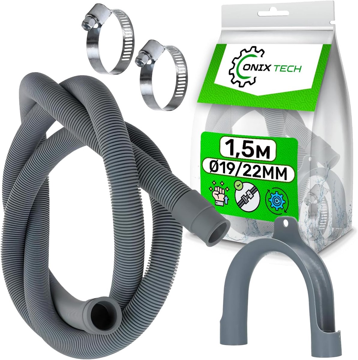 Universal drain hose for washing machine and dishwasher and hose holder in U-shape for drain hose with 2 metal clamps - ShopVlot