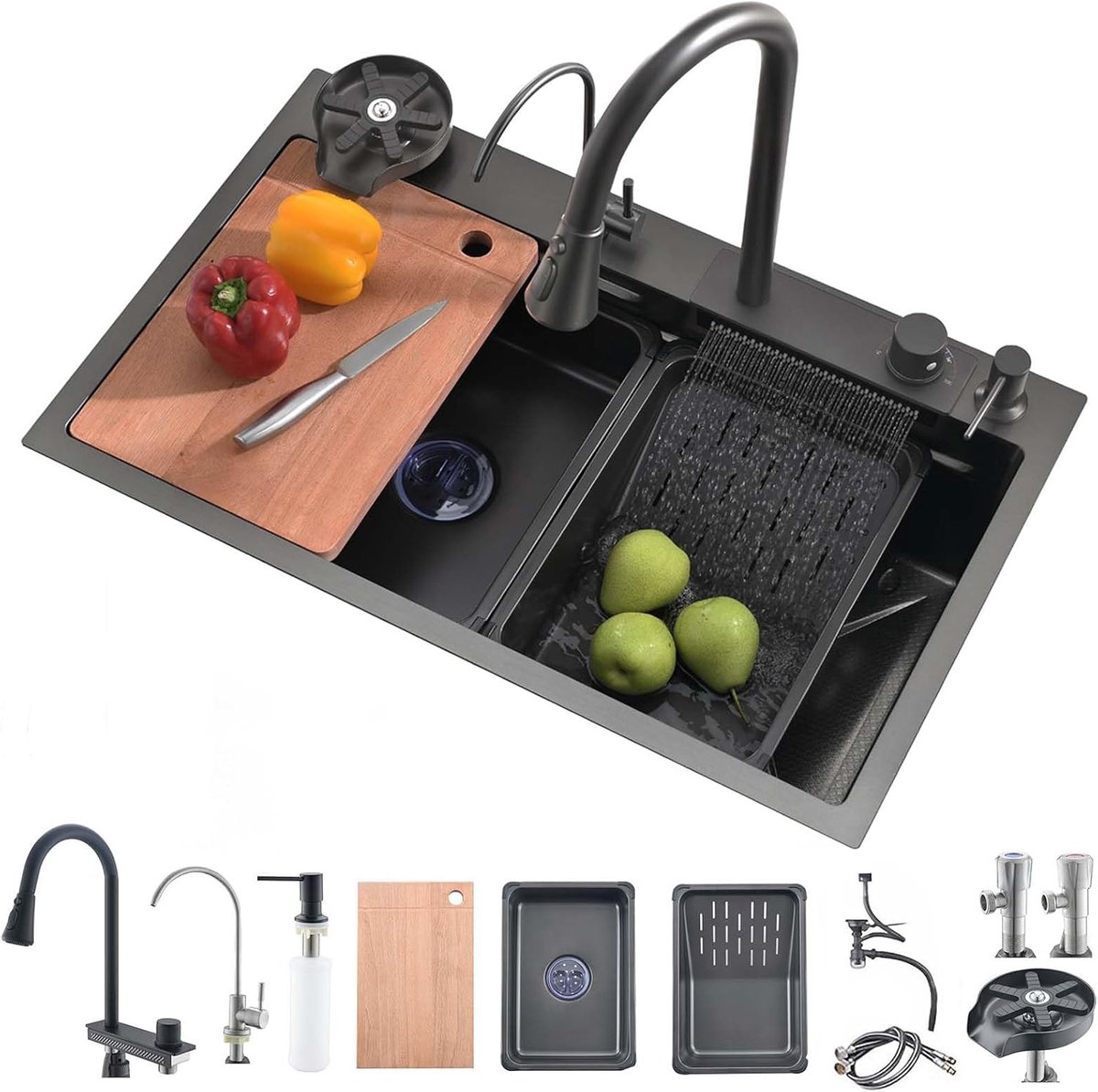 Kitchen sink 68 x 45 cm, black stainless steel, waterfall sink wash with pull-out tap, glass sink, 1 sink, black sink - ShopVlot