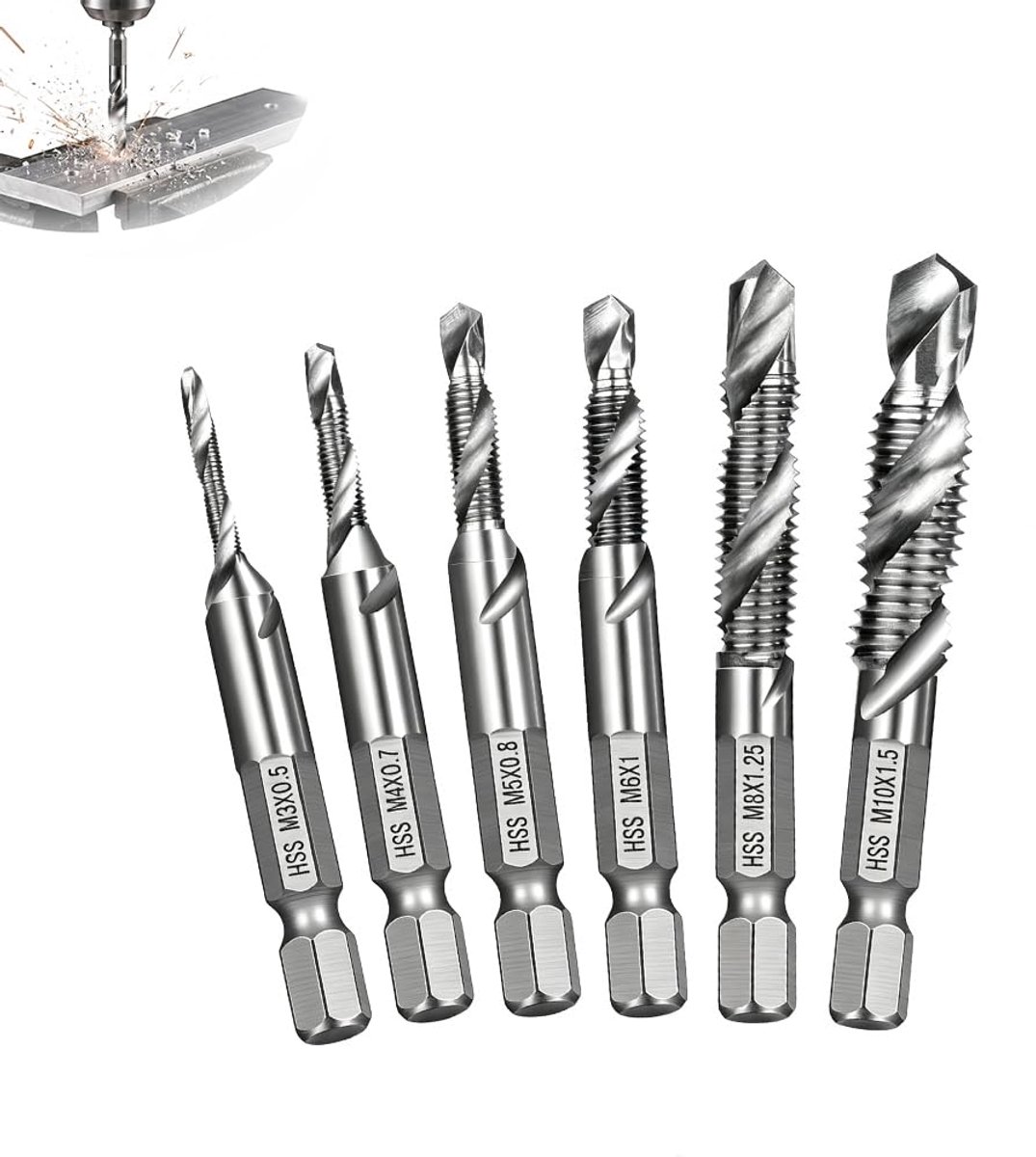 6-delige combi-bit boor- en draadsnijderset, schroefdraadboorset M3 M4 M5 M6 M8 M10, schroefdraadboor met zeskantige - ShopVlot