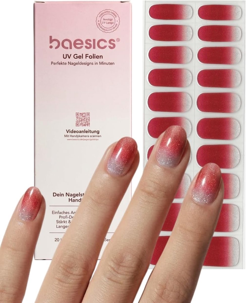 Baesics Crimson Silk Nagelfolie, uv-gelstrips, semi-gekruld, 20 strips, 10 maten, uv-hardend en zelfklevend, zachte - ShopVlot