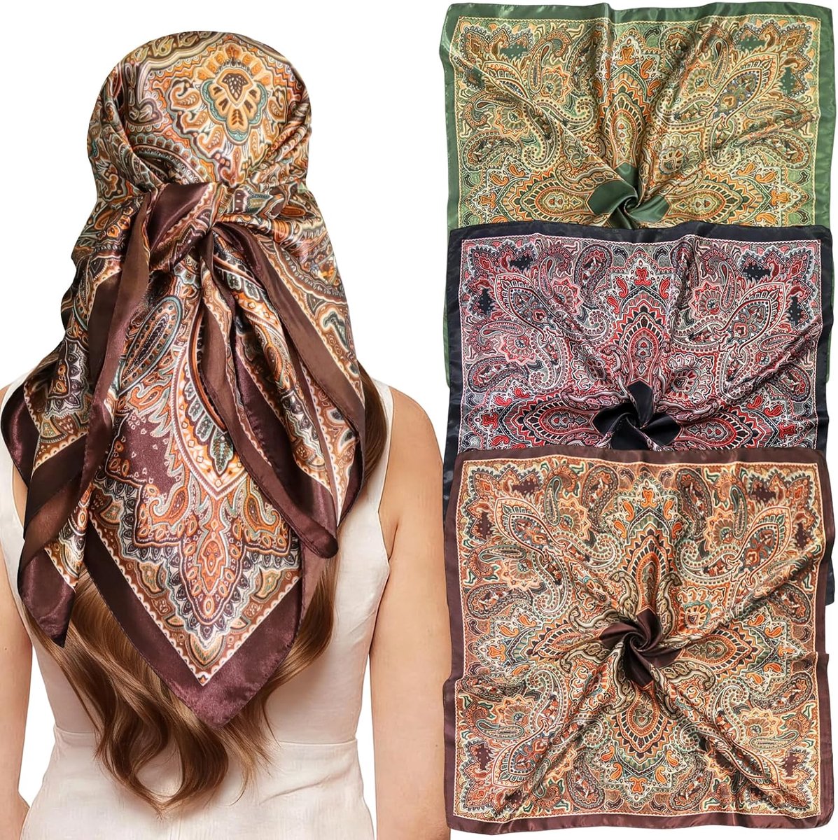 Set van 3 vierkante satijnen hoofddoeken, 71 cm haarsjaal, bandana's, groot, vierkant, modieus, bedrukt als zijden - ShopVlot