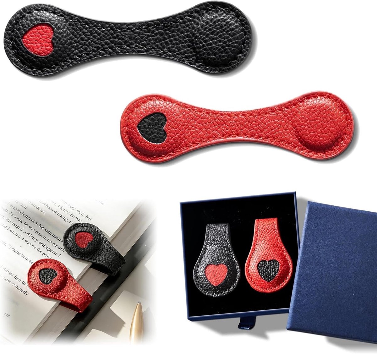 Set van 2 magnetische leren boekenleggers met geschenkdoos - inclusief penhouder en hartvorm, perfect cadeau voor boekenliefhebbers, docenten en studenten