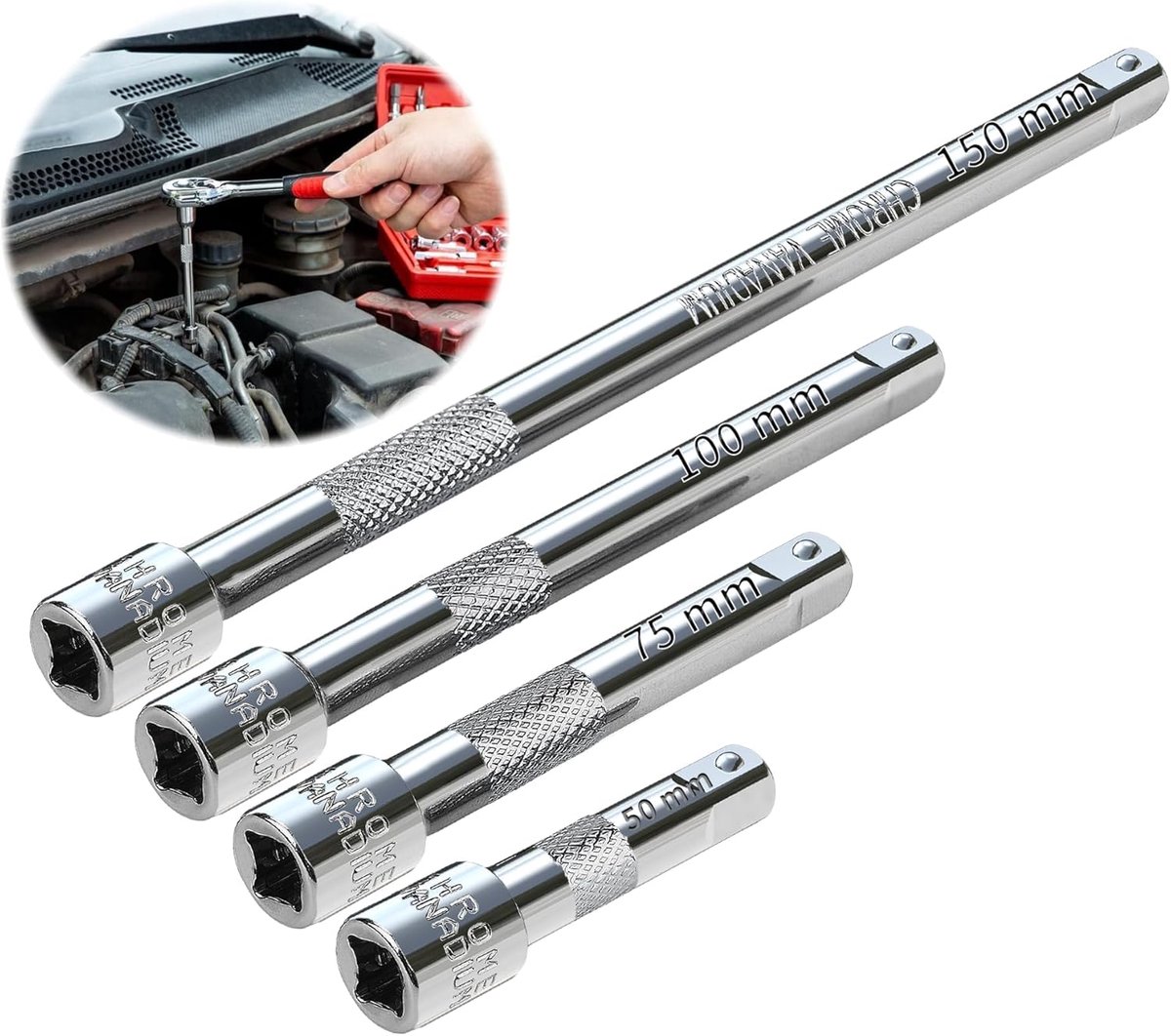 1/4 Steeksleutel Verlengers - 50mm, 75mm, 100mm, 150mm - CR-V Staal - Ideaal voor krappe ruimtes - ShopVlot