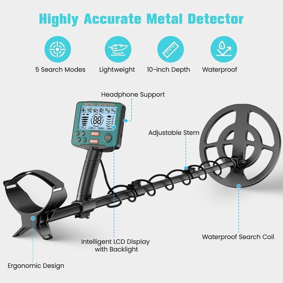 Professionele Metaaldetector Set met 5 Modi voor Kinderen en Volwassenen, Waterdichte Spoel, Hoge Precisie en Pinpoint Functie voor Nauwkeurige Zoektochten — afbeelding 5