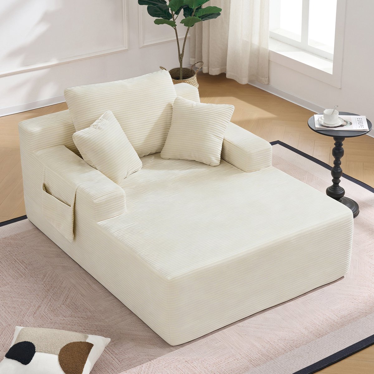 DESMIU Slaapbank 1-Zits 110x150x70 Cm Met Zijvakken En Kussens Voor Woonkamer Slaapkamer En Studiehoek Van Cord Beige
