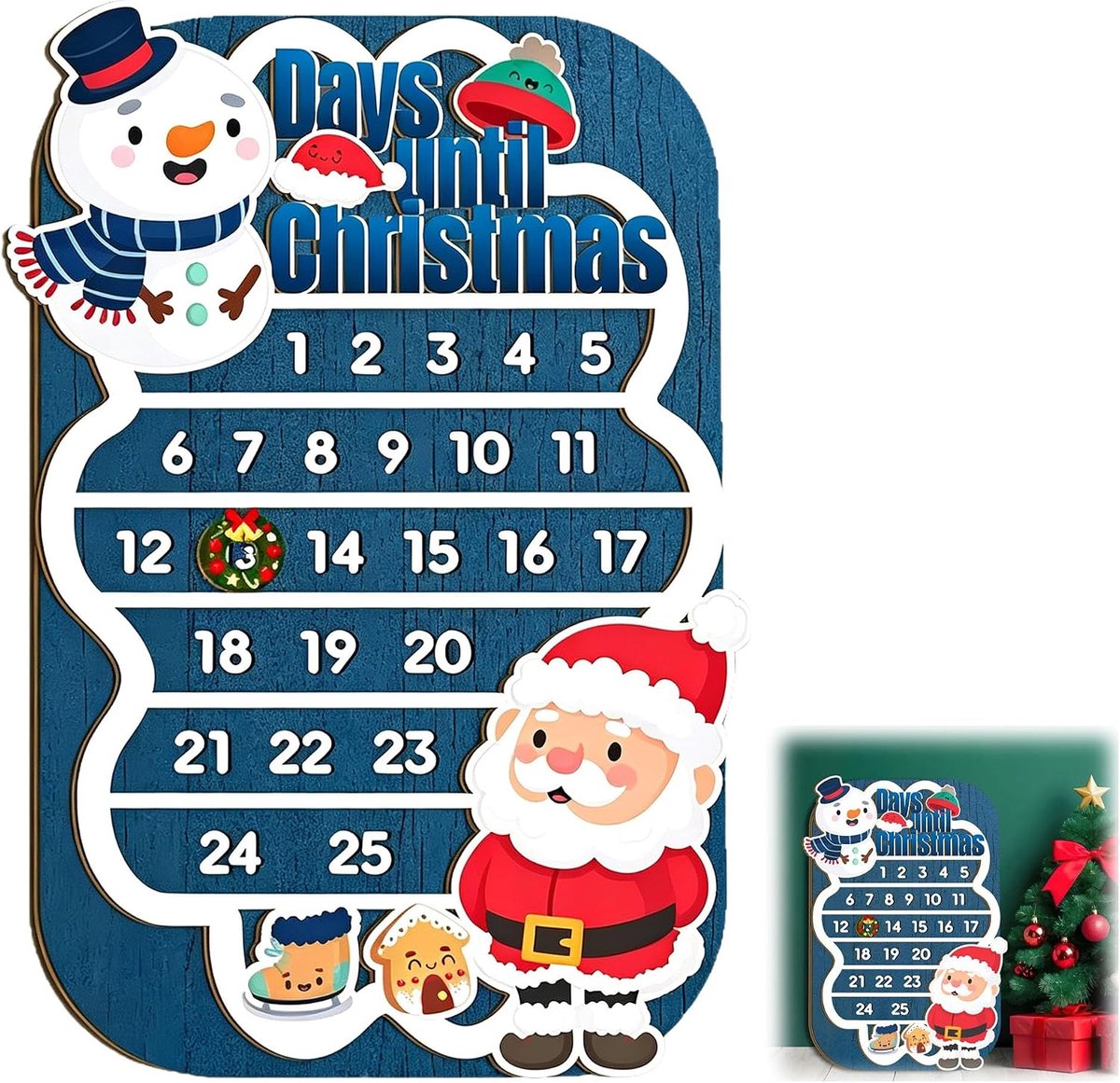 1 adventskalender hout 30 x 20 cm sneeuwpop kerstman countdown - ShopVlot