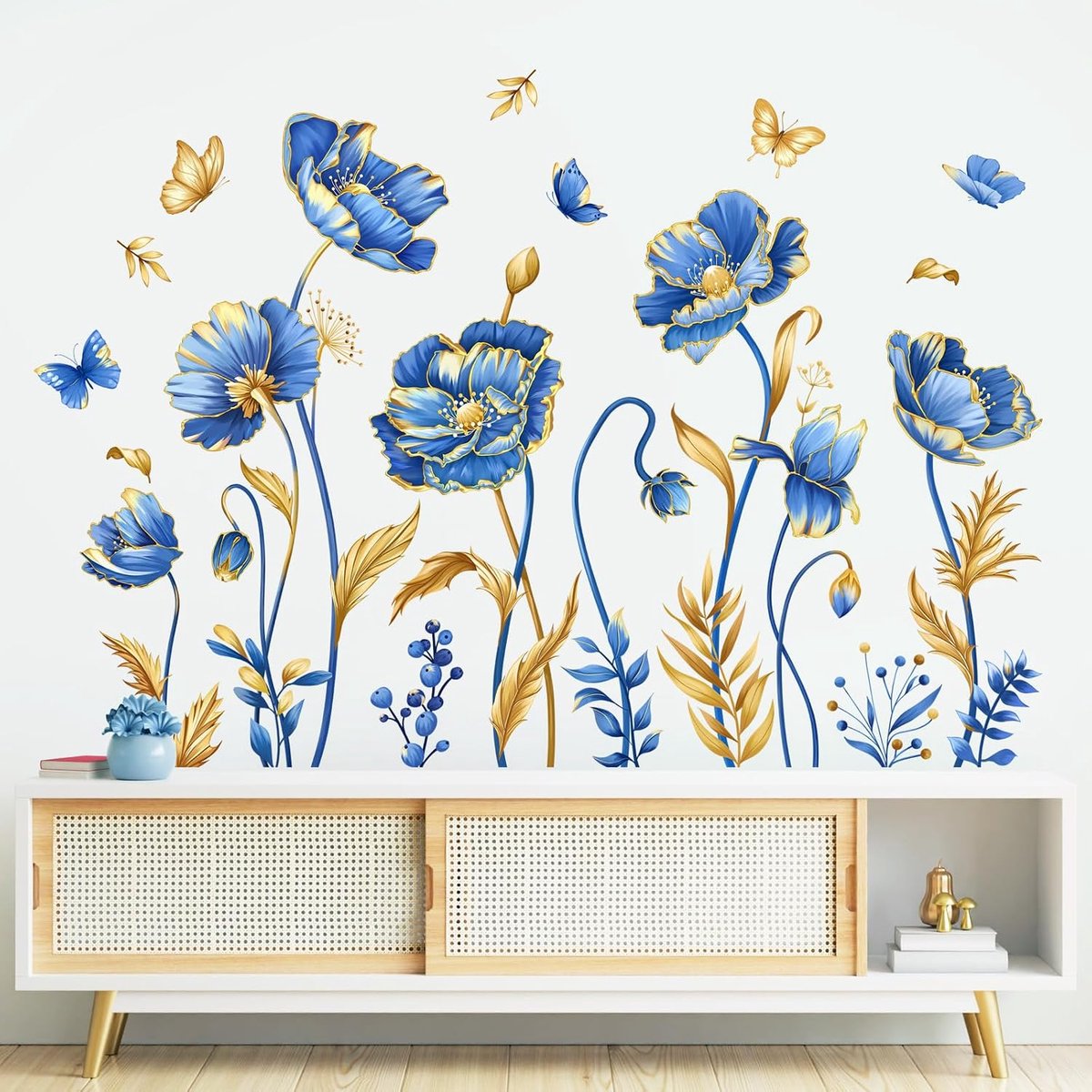 Supzone Muursticker grote blauwe bloemen muursticker bladeren gouden planten muursticker zelfklevend afneembaar vinyl - ShopVlot