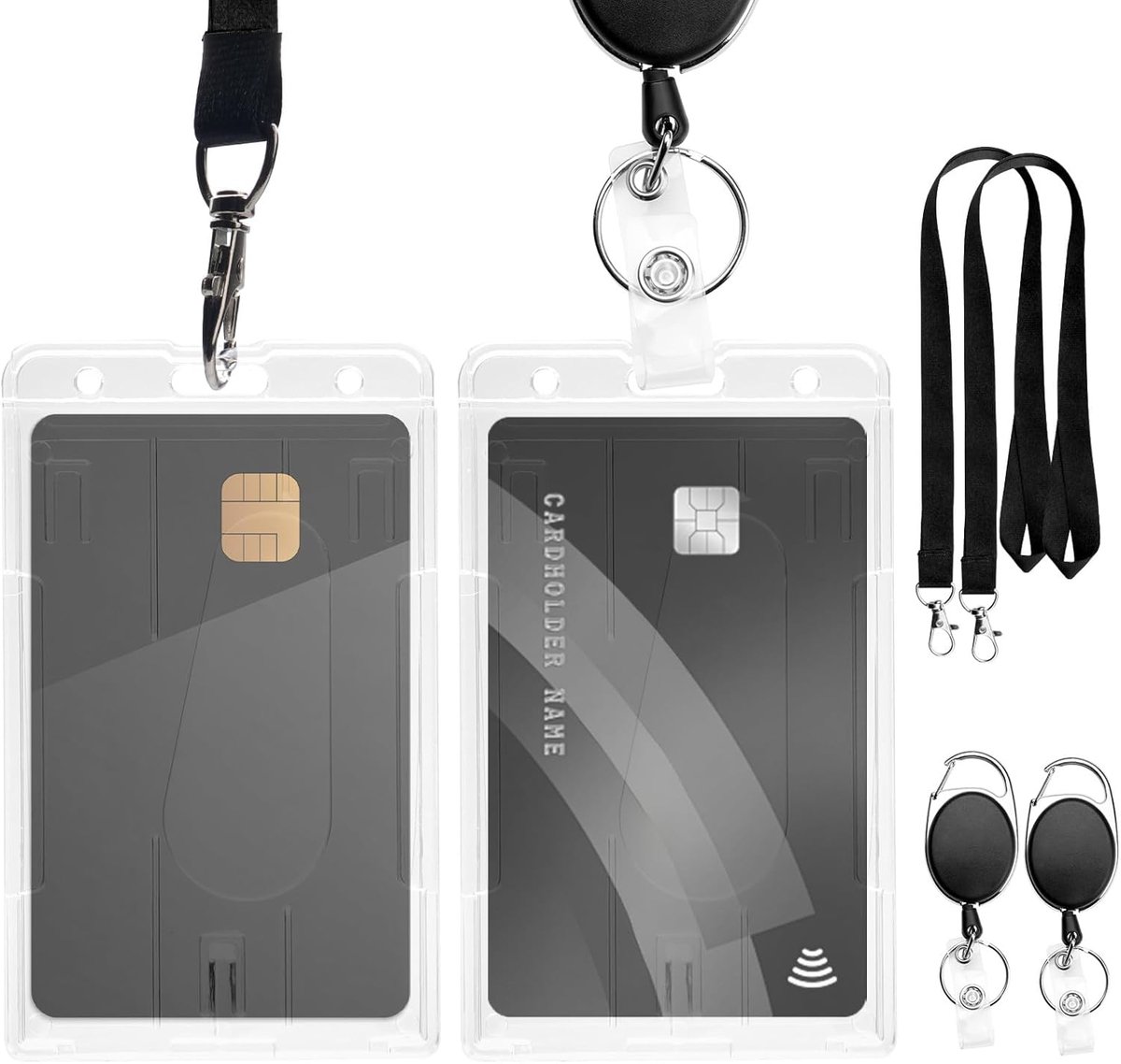 2 Sets ID Card Covers with Strap, Transparent Card Covers, Card Holder ID Card Holders, Retractable Key Chain, ID Card - ShopVlot