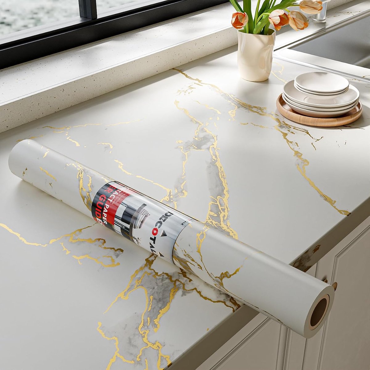 Decotalk Vinyl Sticker for Furniture Marble Effect White Gold 40 x 300 cm Evinyl Worktop Kitchen White Self-Adhesive - ShopVlot
