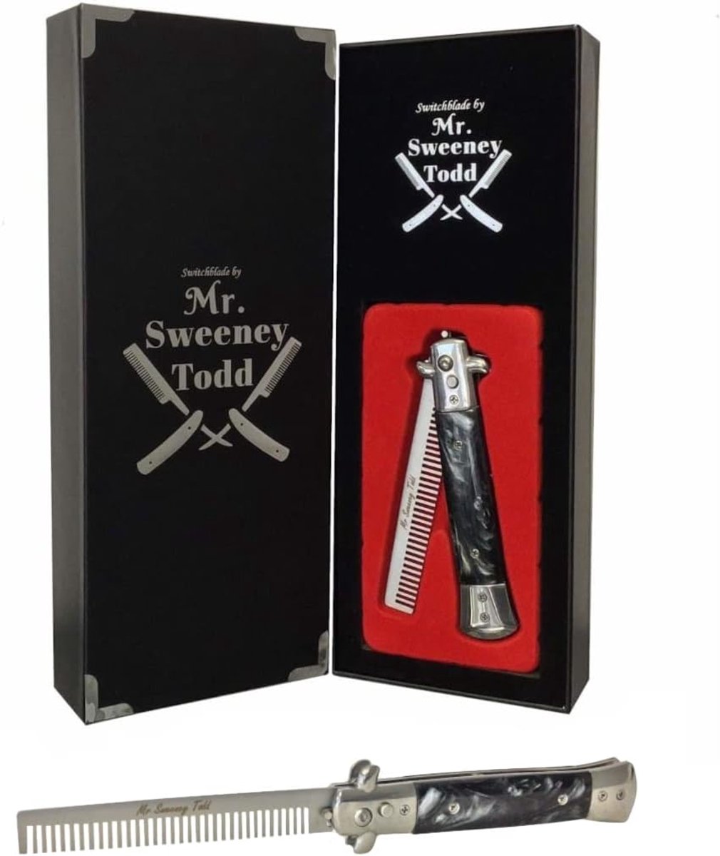 Collapsible Stainless Steel Switch Knife Comb (Black) - Push Button - Mr. Sweeney Todd Flick Kam/Display Box - ShopVlot