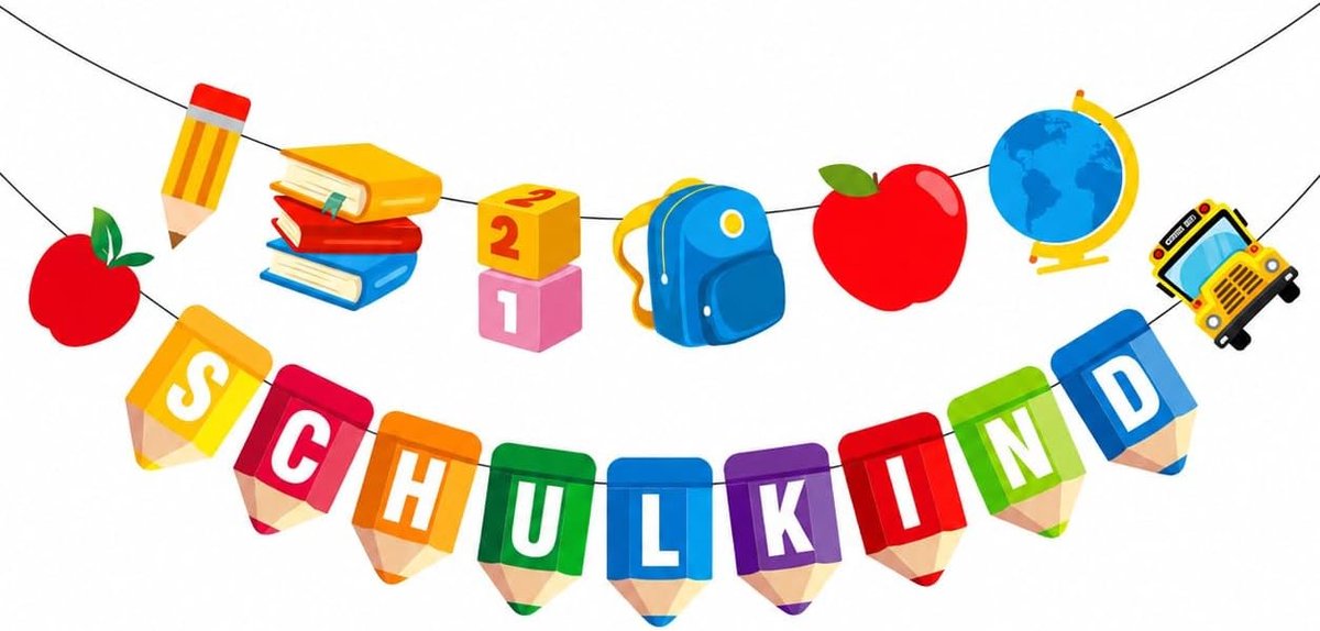 Schoolkind slinger, kleurrijke vlaggetjesslinger met schoolmotieven, decoratie voor de eerste schooldag, feestdecoratie - ShopVlot
