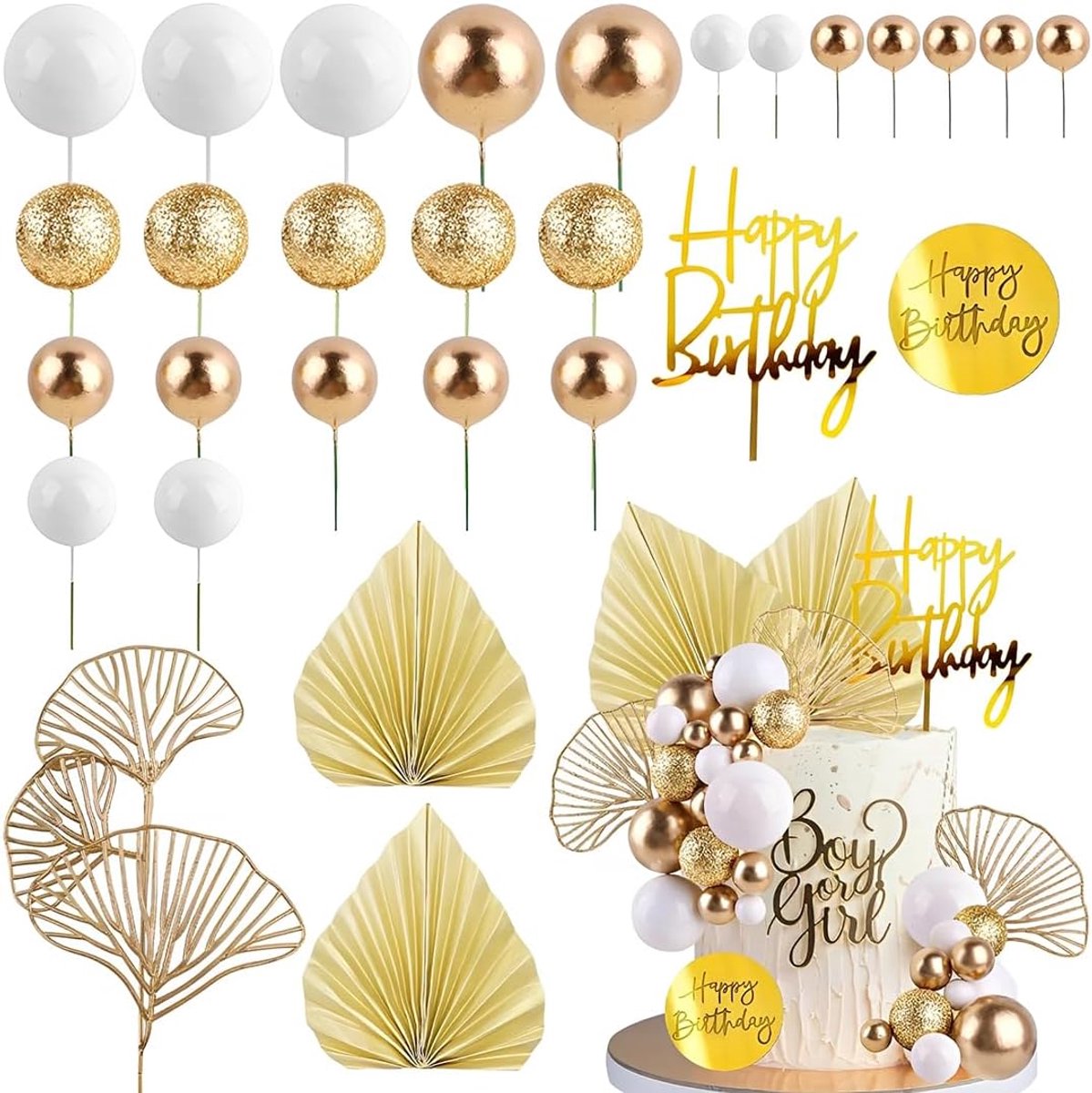 Set of 28 pieces boho style cake decorations, gold cake decorations, ideal for birthdays, boho parties, christening - ShopVlot
