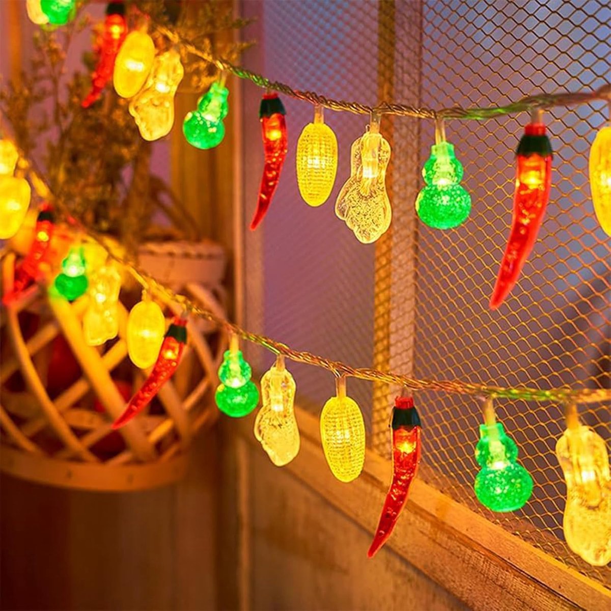 Koboko Led-lichtsnoer met chili, maïs, kool en pompoen, 3 m, 20 lampen, werkt op batterijen - ShopVlot