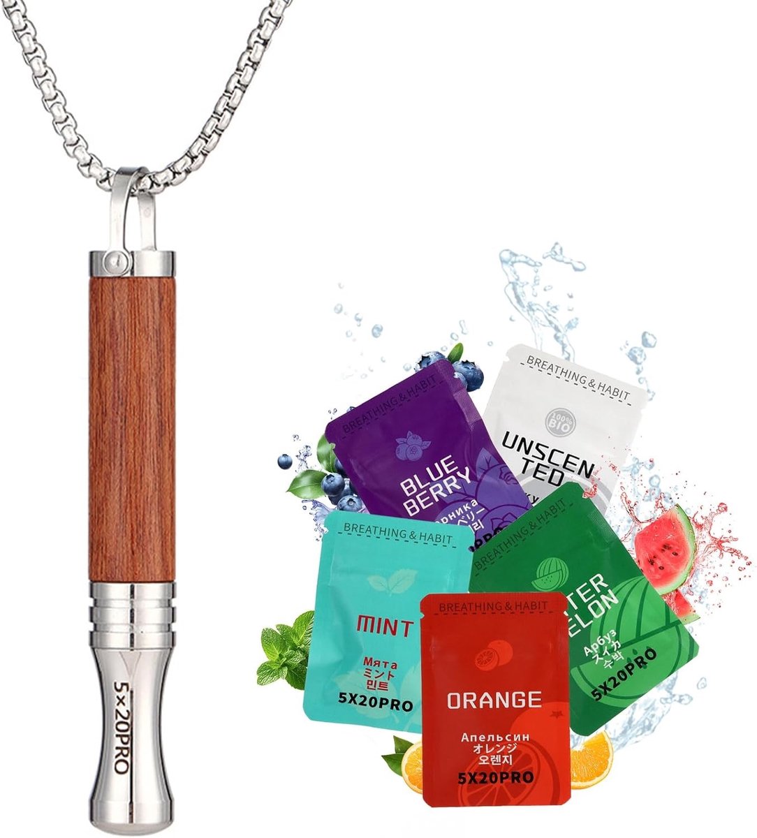 Tool Chain met 5 Smaakfilters voor Stressverlichting en Ademtraining | 15 Filters (Watermeloen, Blauwe Bessen, Sinaasappel, Munt, Natuur) voor een Betere Ademhaling