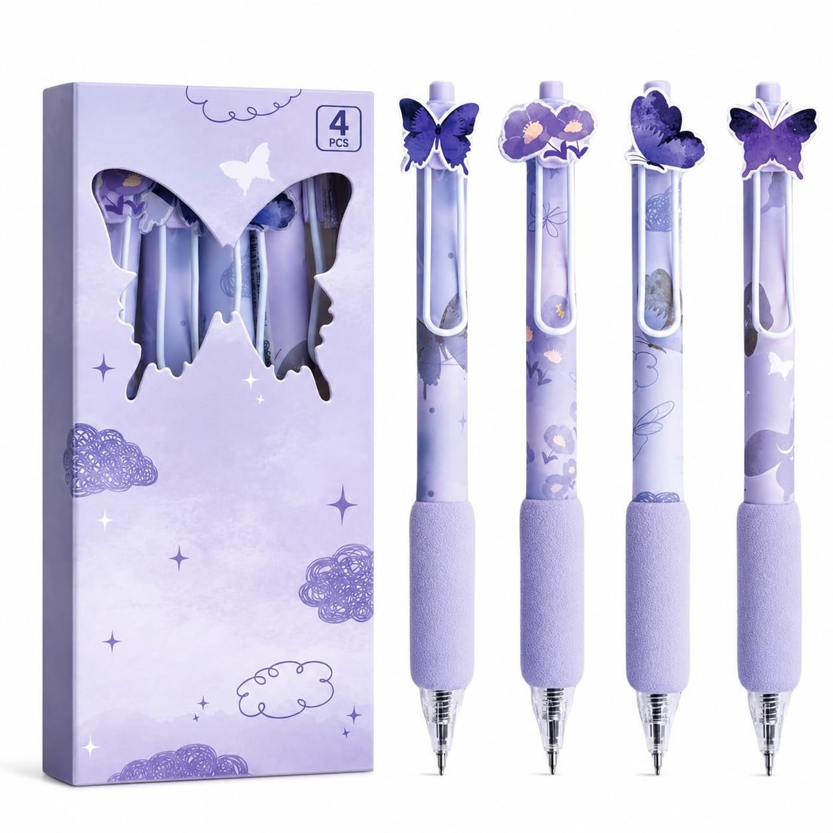 Solidchoice - Set van 4 Intrekbare Gelpennen met Fijn Vlinderpatroon