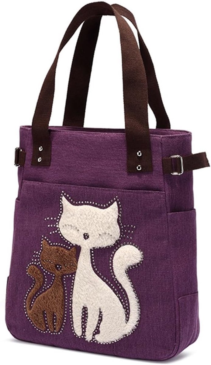 Tote Bag met Kat Borduursel - Canvas - Meerdere Vakken - Praktische Schoudertas voor Vrouwen - ShopVlot