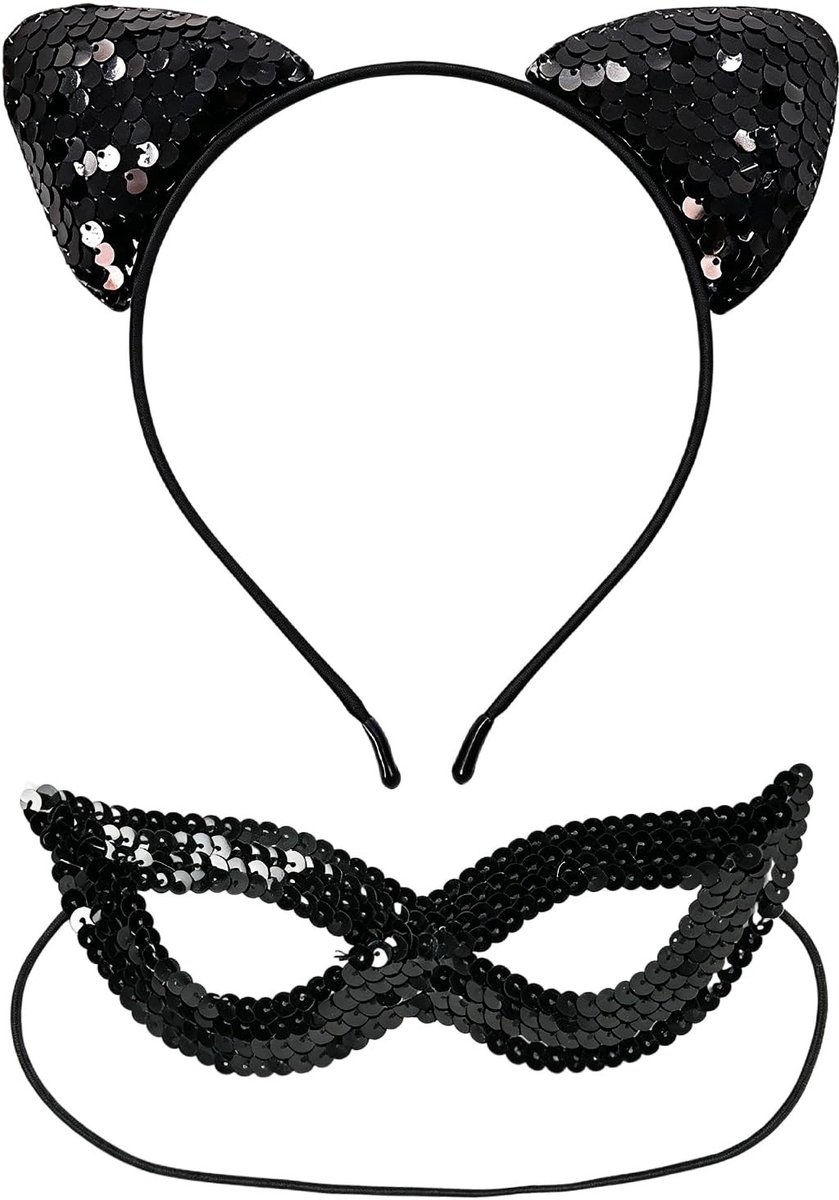 Solidchoice - 2-delige Zwarte Kattenkostuumset met Hoofdband en Masker