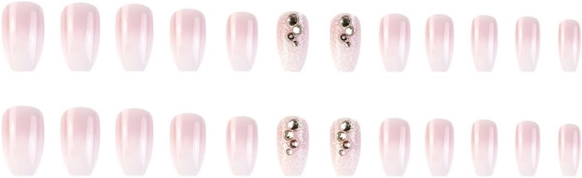 Nepnagels 24 stuks - Natuurlijke valse nagels - Glanzend roze met rhinestones - Creëer je eigen nagelkunst - ShopVlot