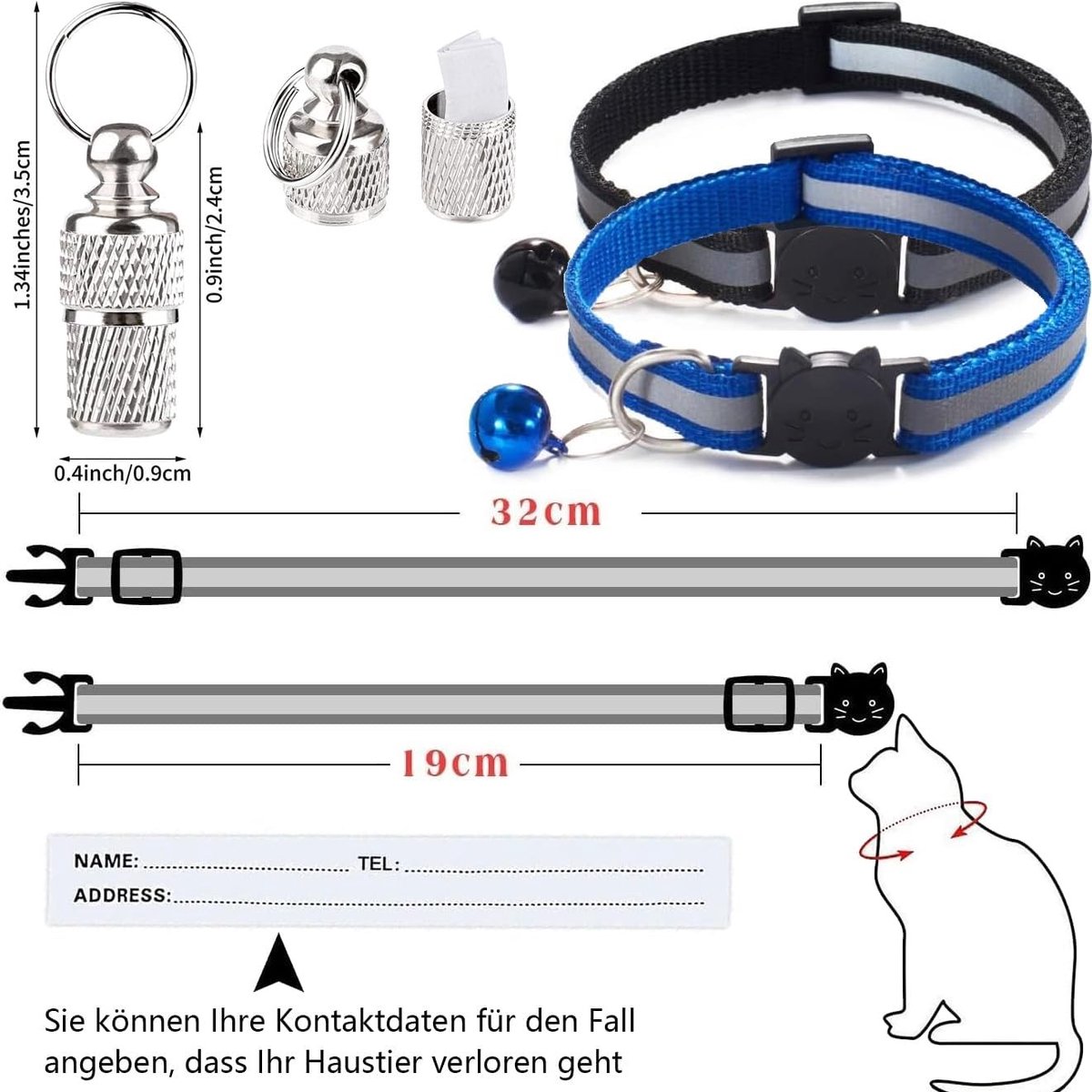 Verstelbare Kattenhalsband met Anti-Strangulatie en Adreshouder - Set van 2, Geschikt voor Kittens en Puppy’s, Blauw en Zwart