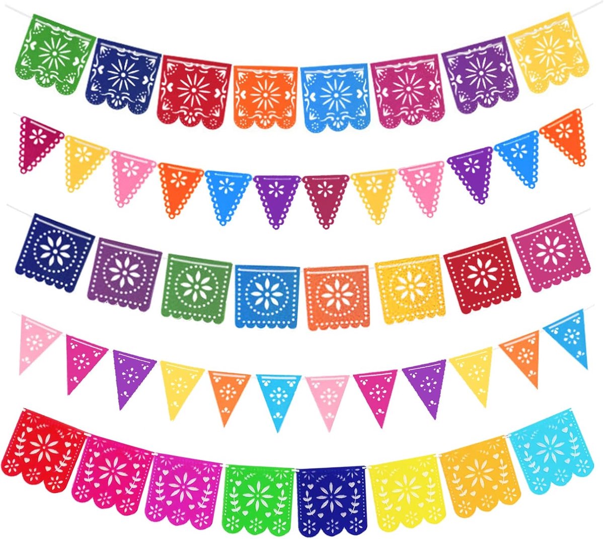 Mexicaanse feestbanner 5-pack - kleurige papieren versieringen - Dia de los Muertos garland - ShopVlot