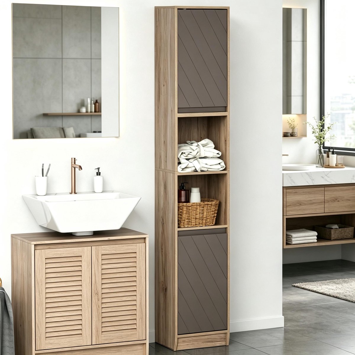 DESMIU Badkamerkast - Smalle Hoge Opbergkast Met Verstelbare Planken - Voor Badkamer En Kleine Ruimtes - MDF En Spaanplaat - 30x24x170 Cm - Grijs Eiken