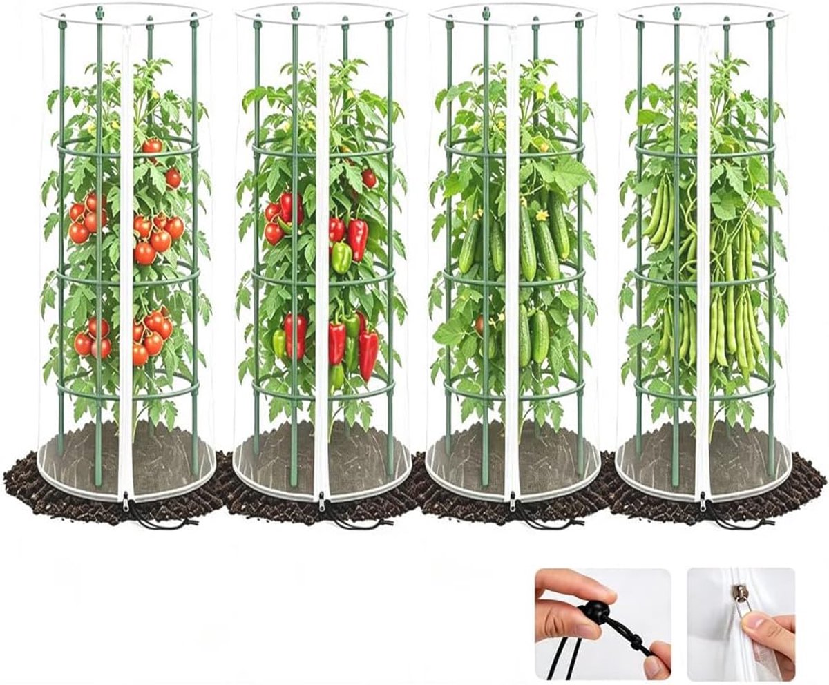 tomatenbeschermingsnet 4 stuks - diameter 45 × 140 cm - insectenwerend net - ideaal voor tomatenplanten - ShopVlot