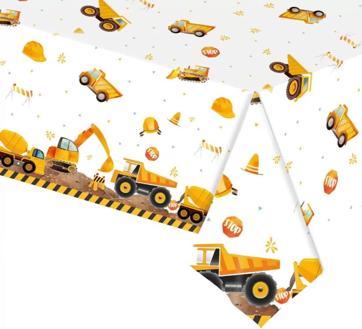 Tafellaken voor vrachtwagenfeest 137 x 274 cm - plastic - bulldozer patroon - perfect voor kinderfeestjes - ShopVlot