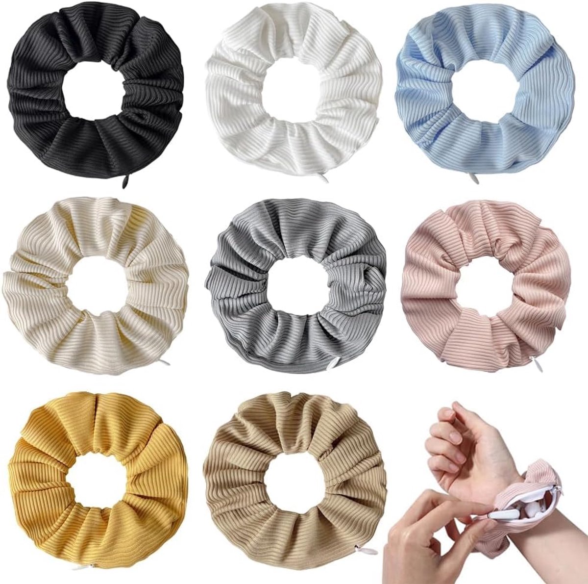 Scrunchies set 8 stuks - met rits opbergvak - haaraccessoires voor dames - handig voor oordopjes en sleutels - ShopVlot