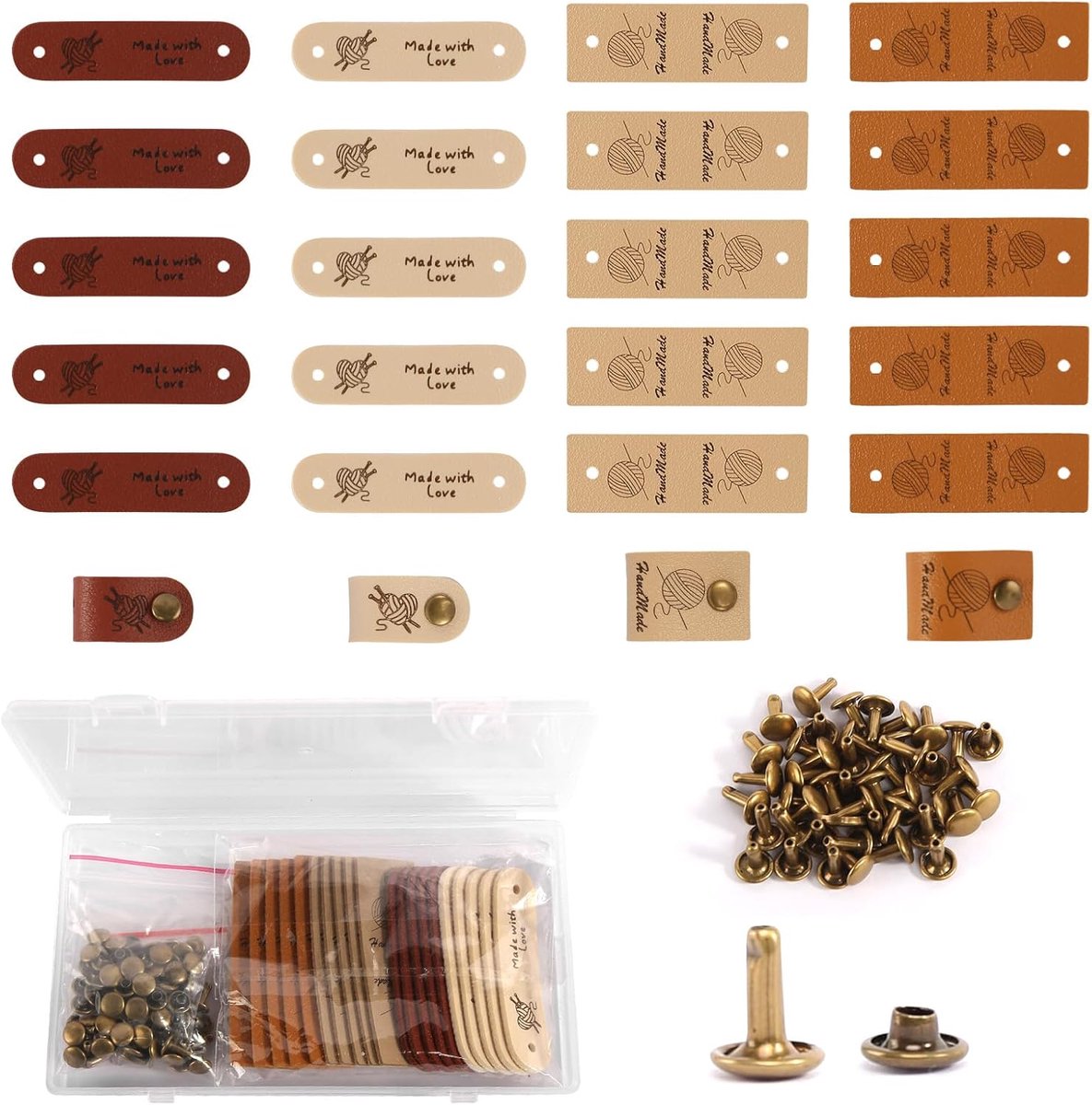 Handmade labels 20 stuks - leren labels met klinknagels - 4 stijlen - perfect voor DIY naaiwerk - ShopVlot