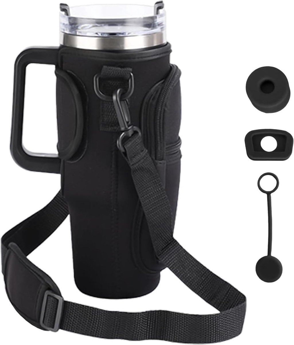 Cupholder zwart 24 x 7.5 cm - met handvat en deksel - verstelbare schouderband - ideaal voor in de auto - ShopVlot