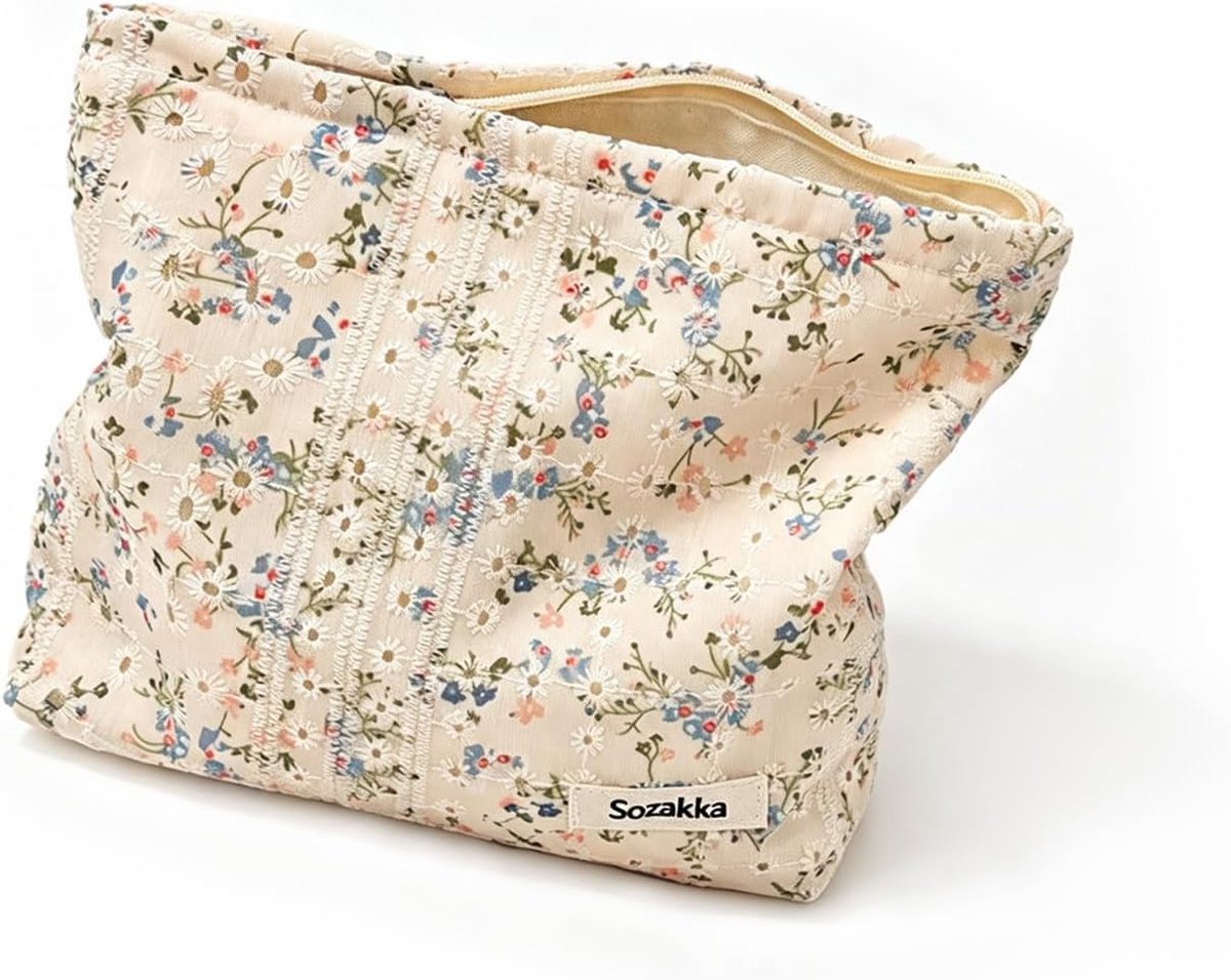 Make-up tas - bloemmotief - blauw/beige - handige toilettas voor onderweg - ShopVlot