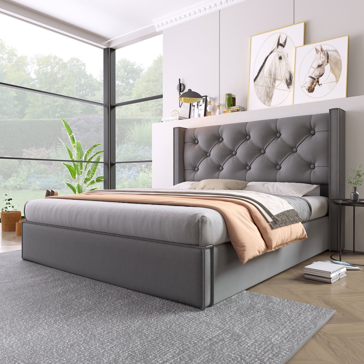 REDOM - Bed - Opbergruimte - Hydraulisch opklapbare lattenbodem - Gestoffeerd hoofdbord - Retro stijl - Slaapkamer - Stof en metaal - Grijs - 203 x 171 x 110 cm
