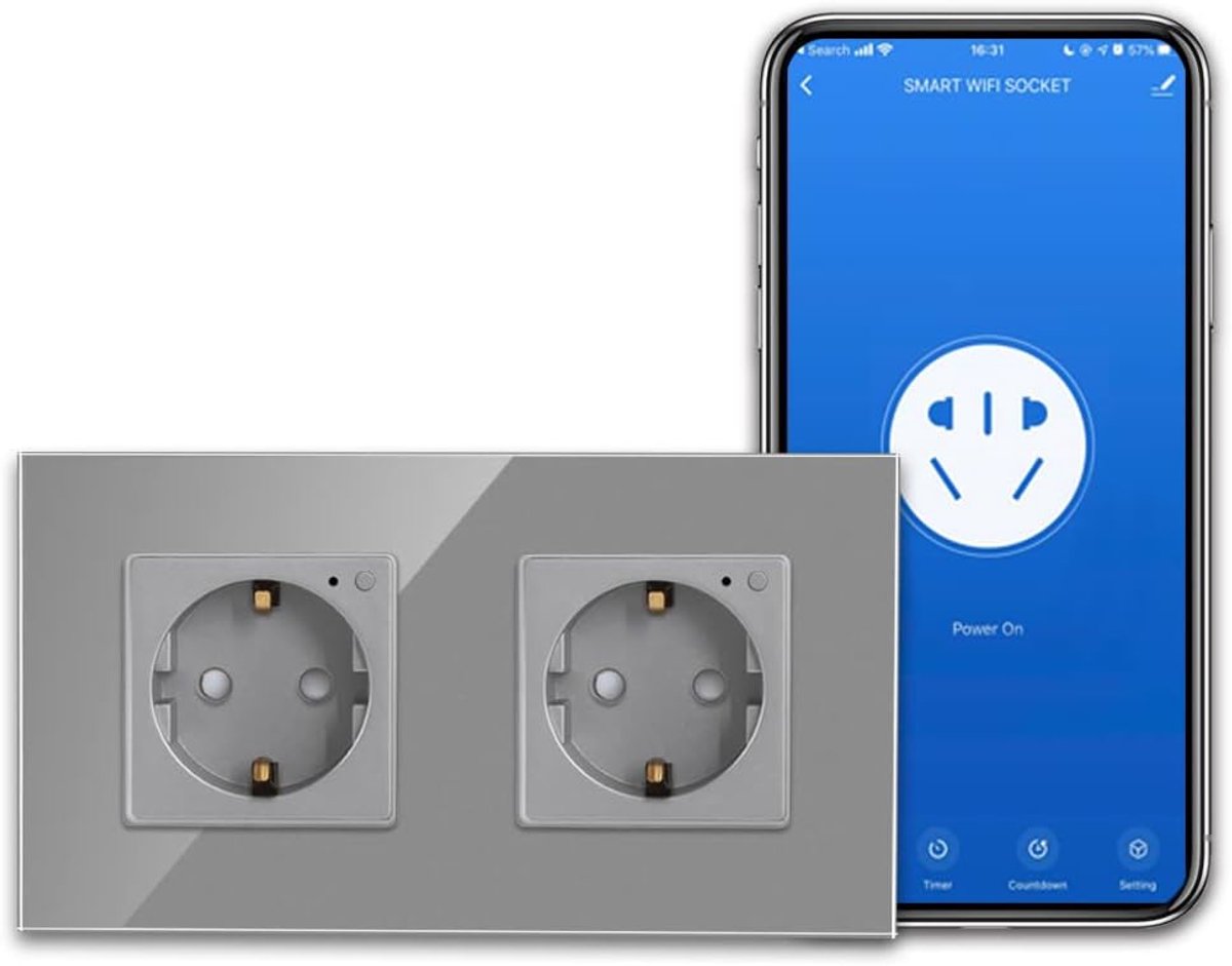 Slimme stekkerdoos 16A - grijs - werkt met Alexa en Google Assistant - app-bediening voor slimme thuisautomatisering - ShopVlot
