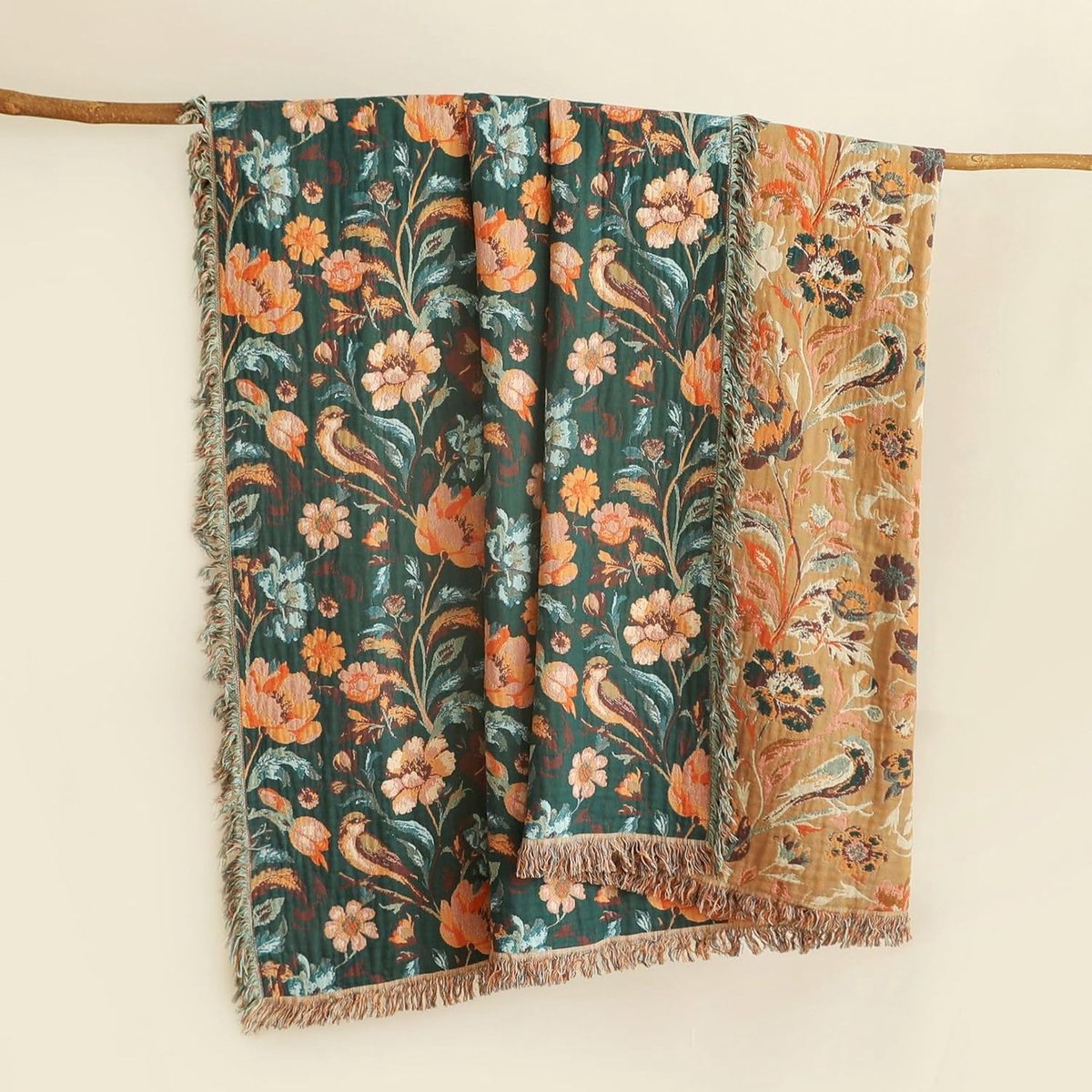 Katoenen sprei 150 x 200 cm - Boho-franjes - Vogelmotief - Hypoallergeen en huidvriendelijk - ShopVlot
