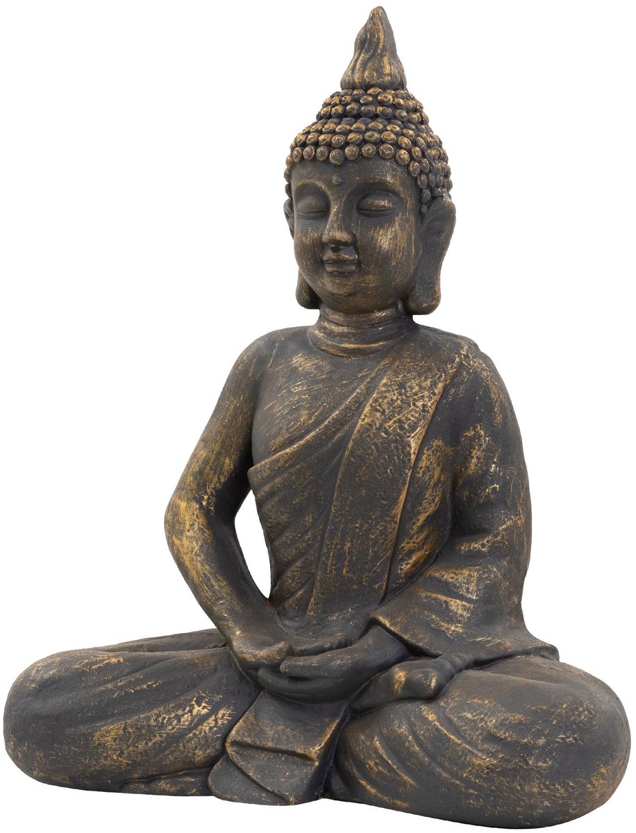 Boeddha hoofd standbeeld 48 cm - kunstmatige steen - bronzen optiek - sfeervolle tuin decoratie - ShopVlot