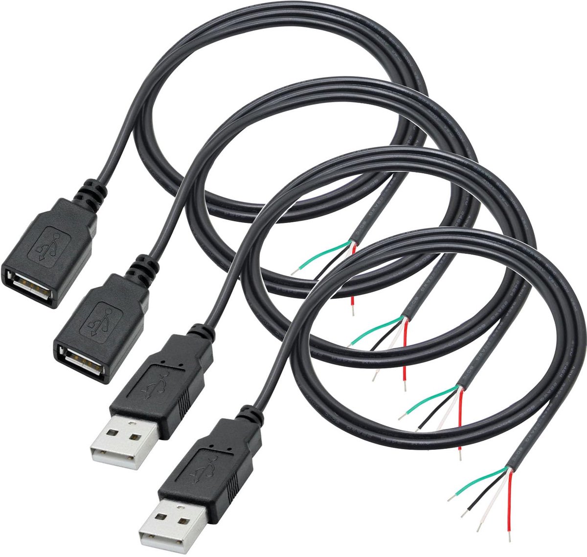 USB A pigtail kabel 5V/2A - 4-delige set - 28 AWG - ideaal voor reparatie en DIY - ShopVlot