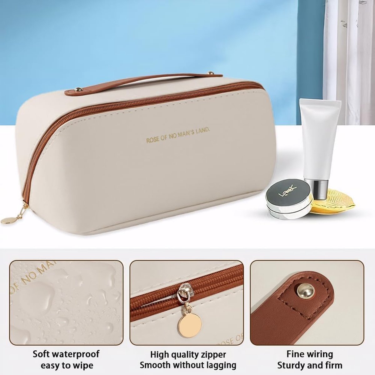 Cosmetic bag grote capaciteit - PU leer bruin-wit - minimalistisch elegant - perfect voor reizen - ShopVlot