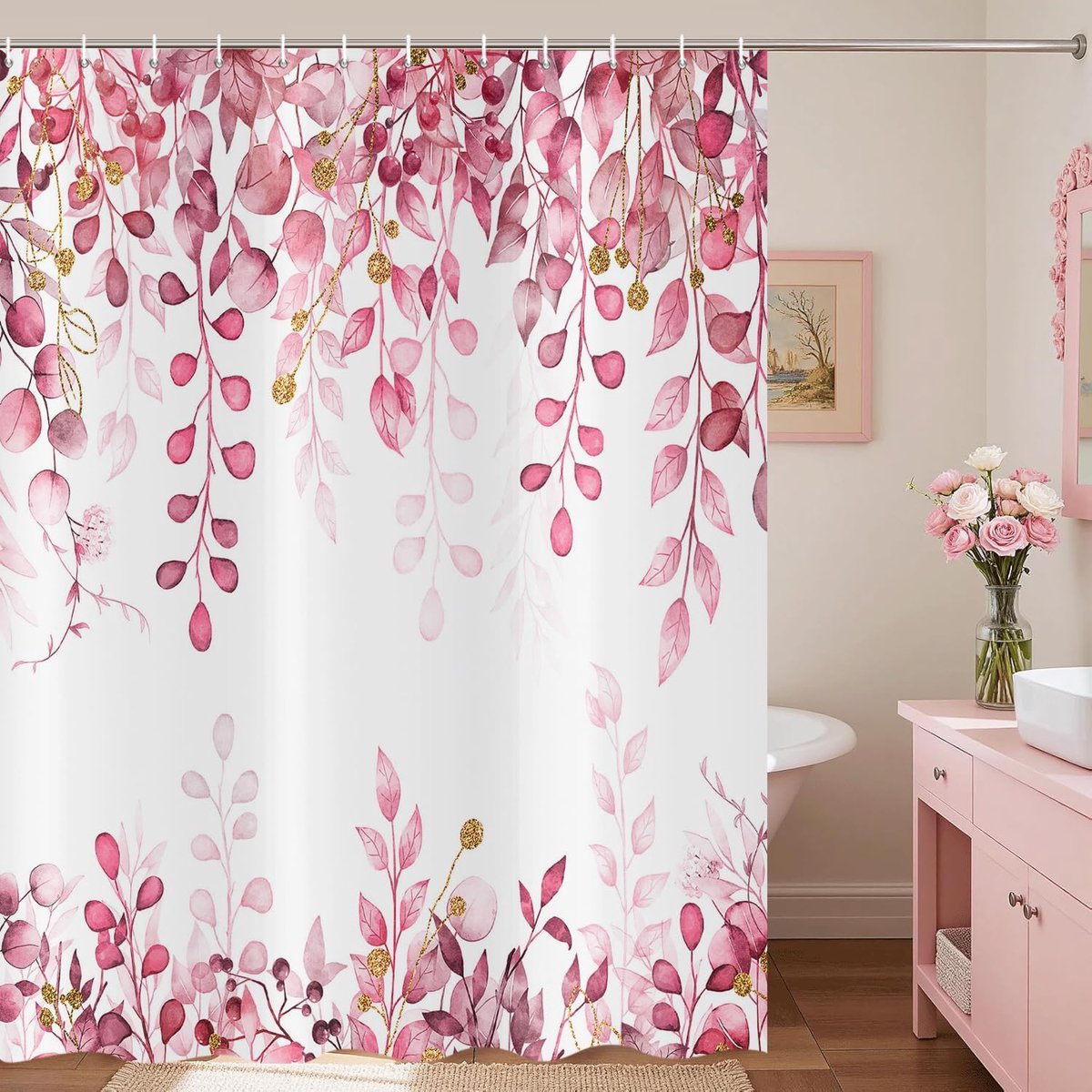 Douchegordijn 180 x 200 cm - Roze aquarel eucalyptus - Waterdicht badgordijn - Wasbaar polyester textiel - ShopVlot