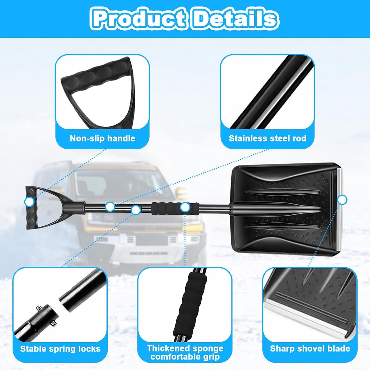 Snow shovel with removable and adjustable handle, stainless steel snow shovel, robust and durable, with non-slip - ShopVlot