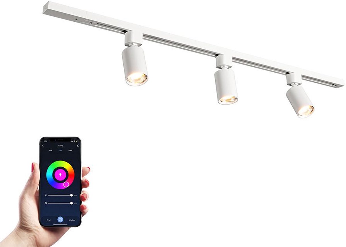 HOFTRONIC railverlichting pakket recht – 1 meter rail – 3 dimbare RGBWW GU10 railspots – aluminium wit – IP20 – modulair – 230V – smart verlichting woonkamer keuken