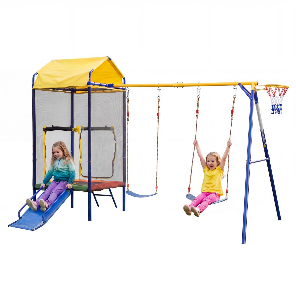 Multifunctioneel buitenspeeltoestel Kinder speeltoren - Trampoline - Schommel - Glijbaan - Veiligheidsnet - Basketbalring