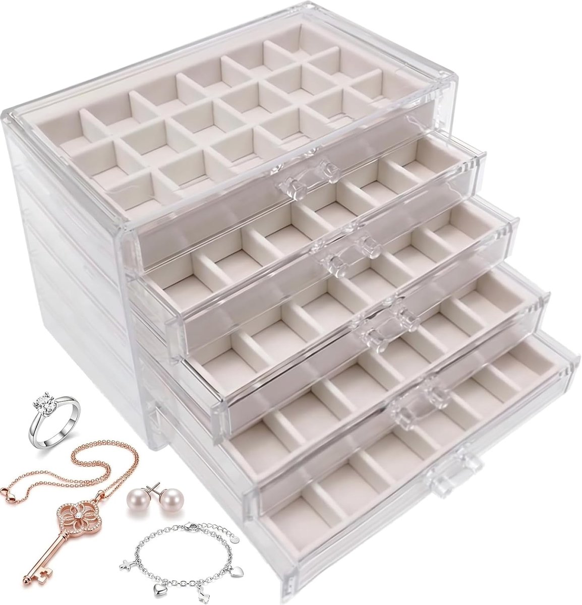 Sieradenopslag acryl - 5 laden sieradenorganizer, sieradenkistje, beige, sieradenorganizer lade voor oorbellen - ShopVlot