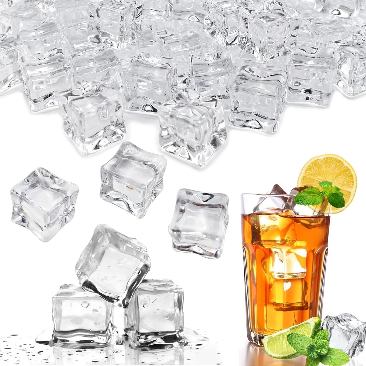Pack of 100 Reusable Ice Cubes, 20 mm, Plastic, Clear Acrylic, Decorative Ice Cubes for Photography, Props or - ShopVlot