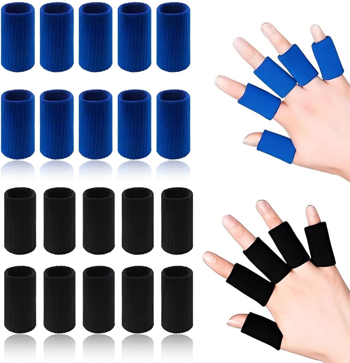 20 nylon vingerbeschermers – 4 cm lang, 1,3 cm diameter – 20 stuks (10 blauw, 10 zwart) – voor basketbal, voetbal - ShopVlot